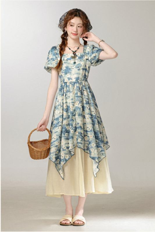The Stream Halo Dying Patchwork Blue Dress Mori Kei Style