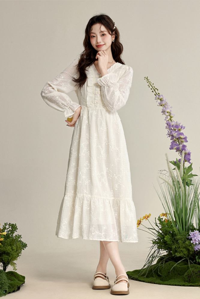 Moon Cloud Embroidered Long Sleeve Dress Mori Kei Style