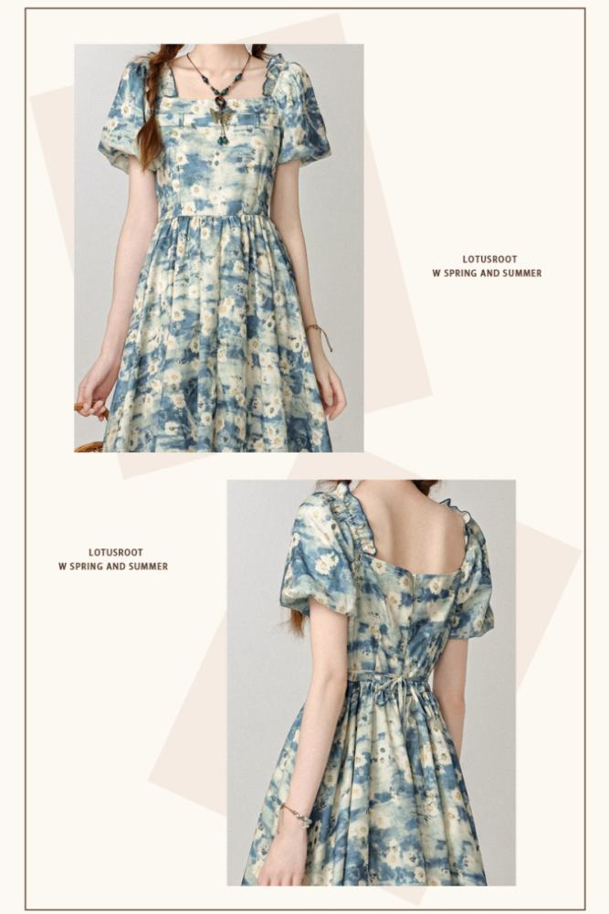 The Stream Halo Dying Patchwork Blue Dress Mori Kei Style