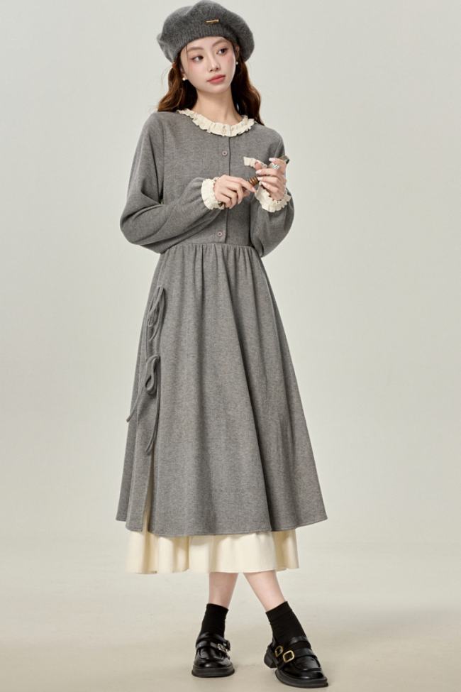 Gentle Stroll Retro Patchwork Grey Dress Mori Kei Fashion