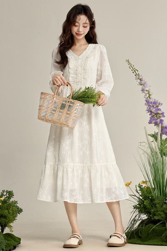 Moon Cloud Embroidered Long Sleeve Dress Mori Kei Style