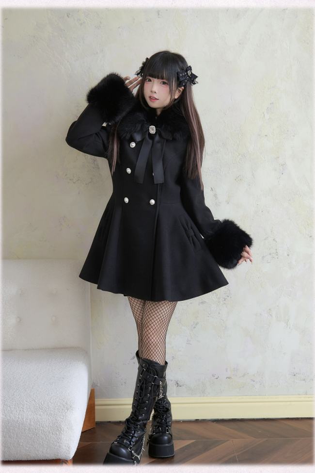 NoGenki Double Breasted Large Hem Black Coat Jirai Kei Clothes