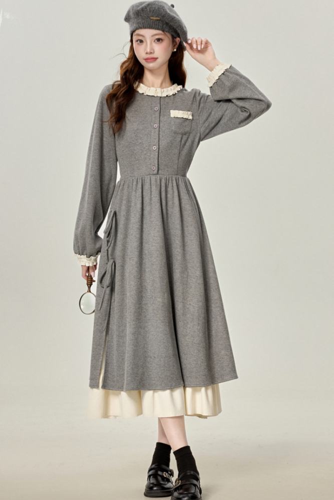 Gentle Stroll Retro Patchwork Grey Dress Mori Kei Fashion