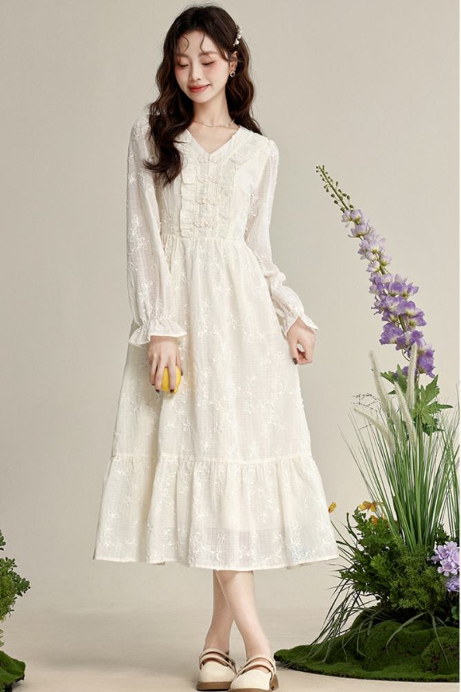 Moon Cloud Embroidered Long Sleeve Dress Mori Kei Style