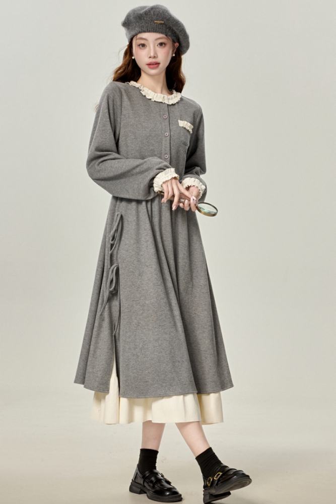 Gentle Stroll Retro Patchwork Grey Dress Mori Kei Fashion