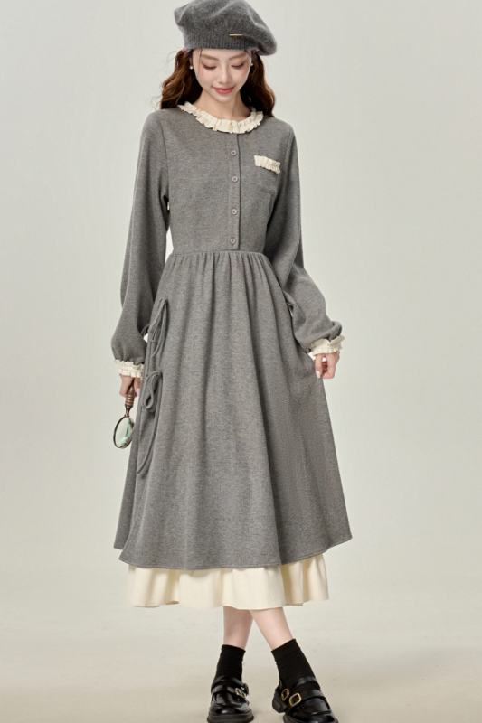 Gentle Stroll Retro Patchwork Grey Dress Mori Kei Fashion