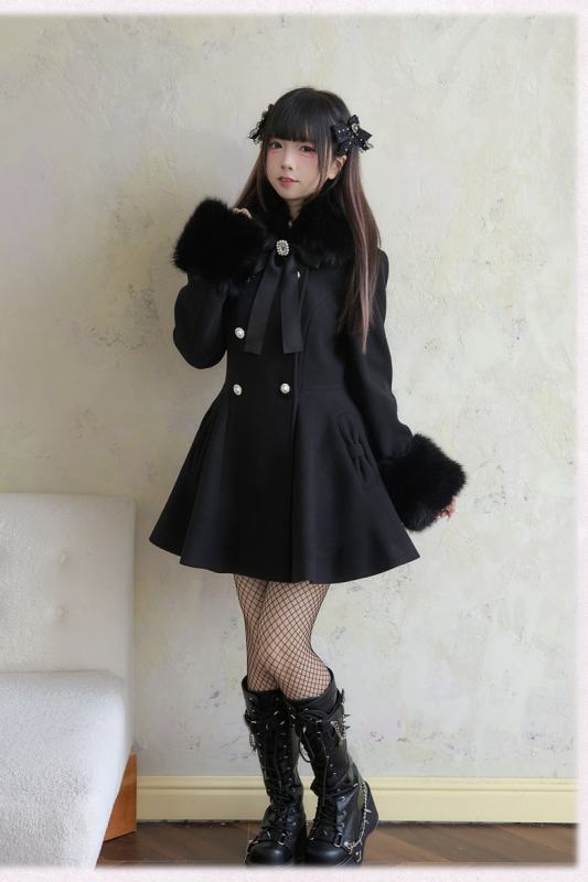 NoGenki Double Breasted Large Hem Black Coat Jirai Kei Clothes
