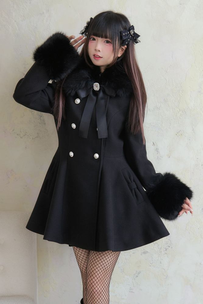 NoGenki Double Breasted Large Hem Black Coat Jirai Kei Clothes