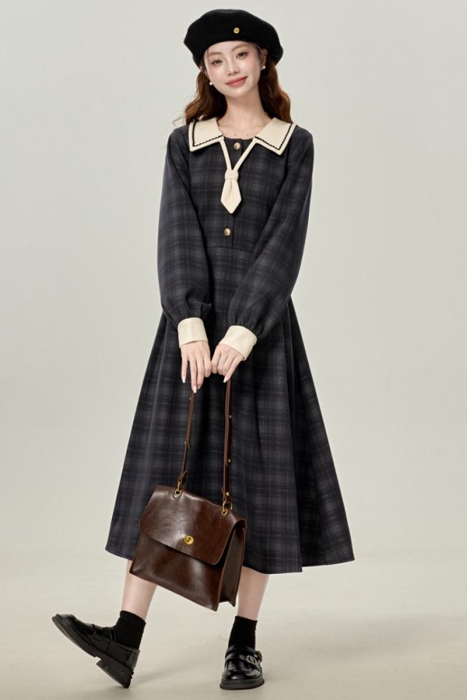 Muni Letter Campus Plaid Black Dress Mori Kei Clothes