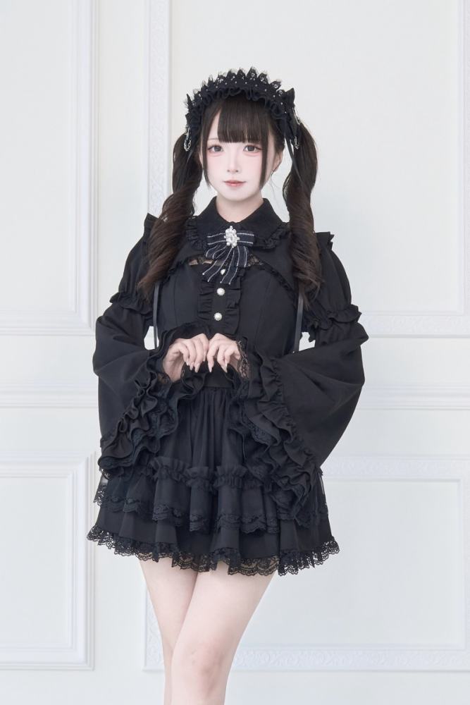 NoGenki Japanese Ruffled Lace Dress White Set Jirai Kei Clothing