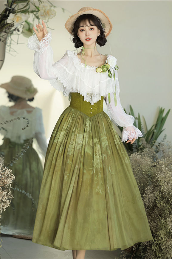 Green Vine Chinese Style Lolita Skirt and Top