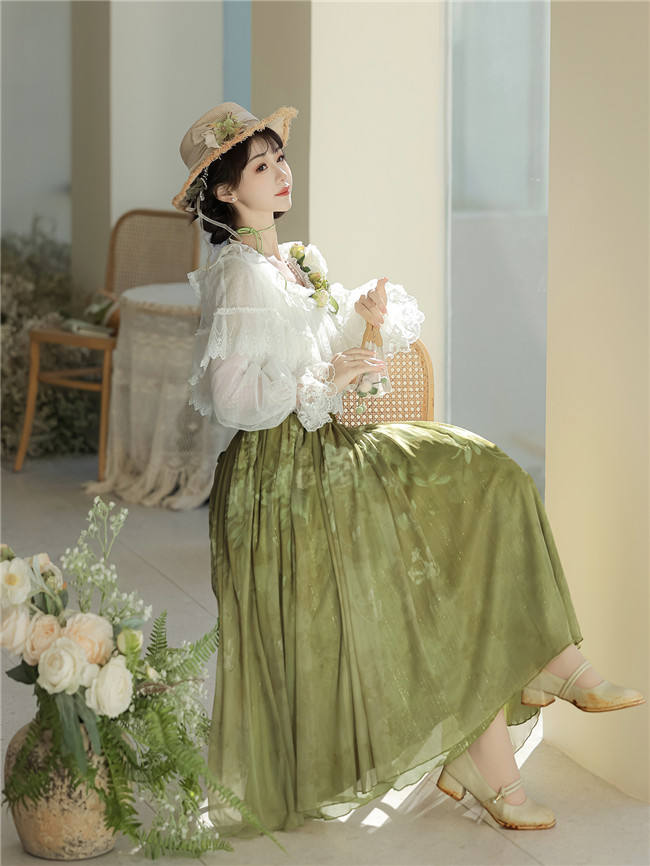Green Vine Chinese Style Lolita Skirt and Top
