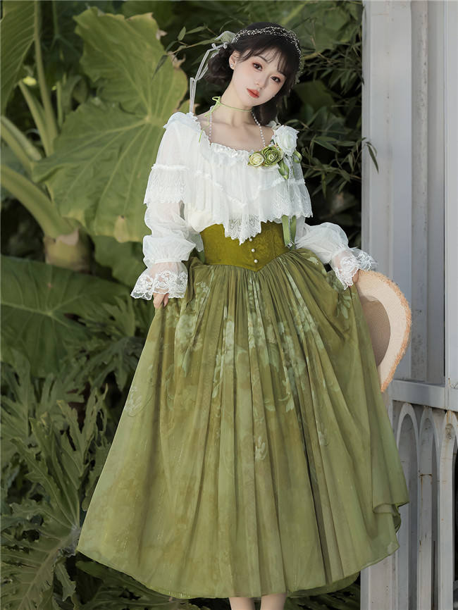 Green Vine Chinese Style Lolita Skirt and Top