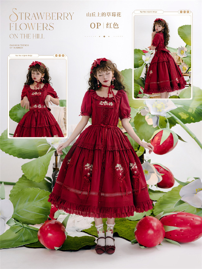 NyaNya Strawberry Flowers on the Hill柄 NyaNya Lolita ~Strawberry on the Hill Embroidery Lolita JSK/Blouse
