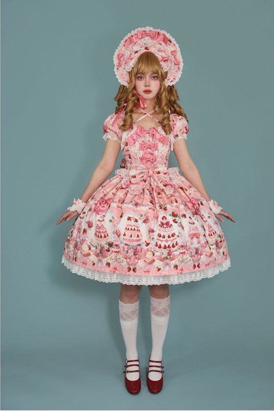 Antique Doll Strawberry Cake Sweet Lolita Dress and Accessories