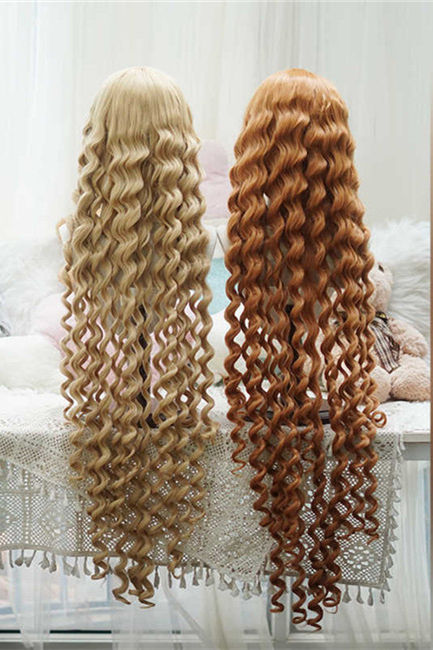 Yuchashui Gold brown Instant Noodle Curly Lolita Wig 100cm