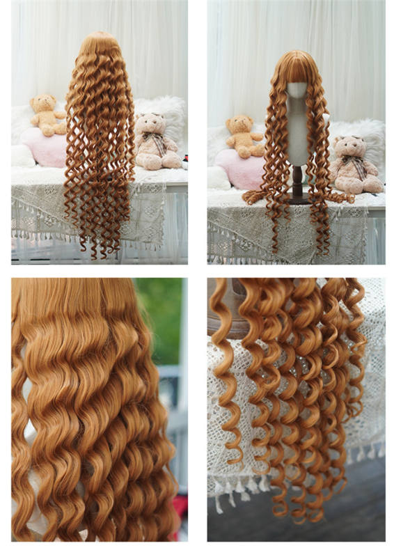 Yuchashui Gold brown Instant Noodle Curly Lolita Wig 100cm