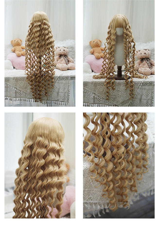 Yuchashui Gold brown Instant Noodle Curly Lolita Wig 100cm