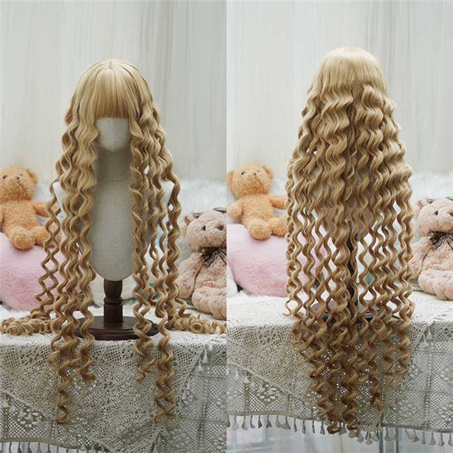 Yuchashui Gold brown Instant Noodle Curly Lolita Wig 100cm