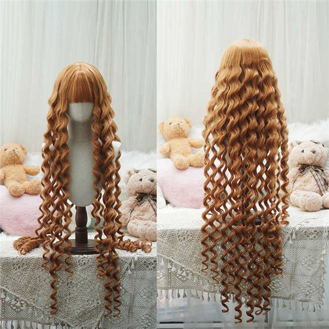 Yuchashui Gold brown Instant Noodle Curly Lolita Wig 100cm