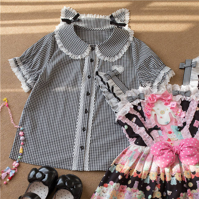 Mist Cat ear Plaid Shirt Sweet Lolita Blouse