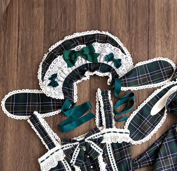 Miss Point Petal Rabbit Plaid Lolita Apron & Headdress