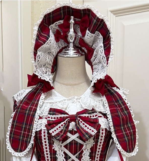 Miss Point Petal Rabbit Plaid Lolita Apron & Headdress