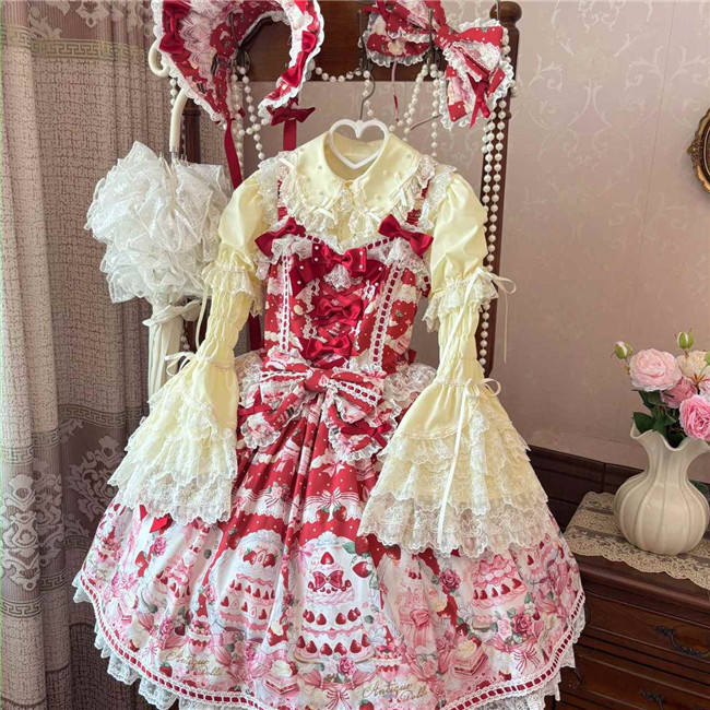 Antique Doll Strawberry Cake Sweet Lolita Dress, Blouse and Accessories