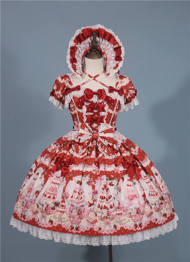 Antique Doll Strawberry Cake Sweet Lolita Dress, Blouse and Accessories