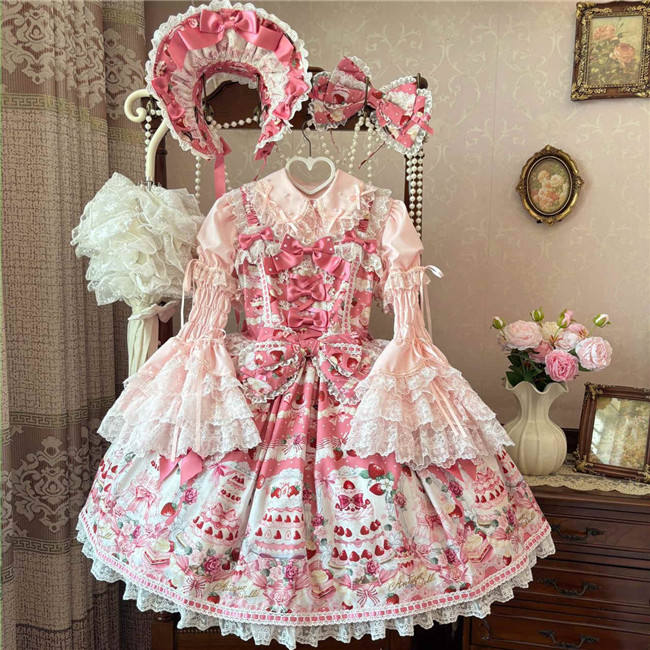 Antique Doll Strawberry Cake Sweet Lolita Dress, Blouse and Accessories