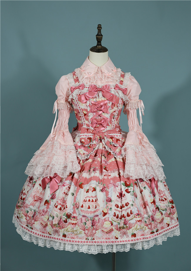 Antique Doll Strawberry Cake Sweet Lolita Dress, Blouse and