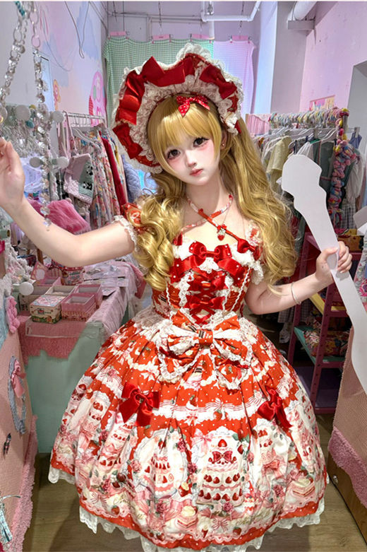 Antique Doll Strawberry Cake Sweet Lolita Dress, Blouse and Accessories