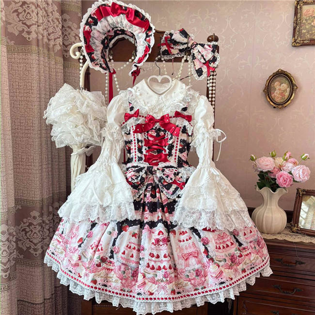 Antique Doll Strawberry Cake Sweet Lolita Dress, Blouse and Accessories