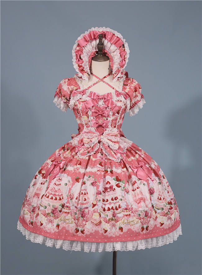 Antique Doll Strawberry Cake Sweet Lolita Dress, Blouse and Accessories