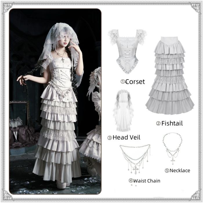 Withpuji White Humanoid Gothic Corset Skirt Mermaid Dress
