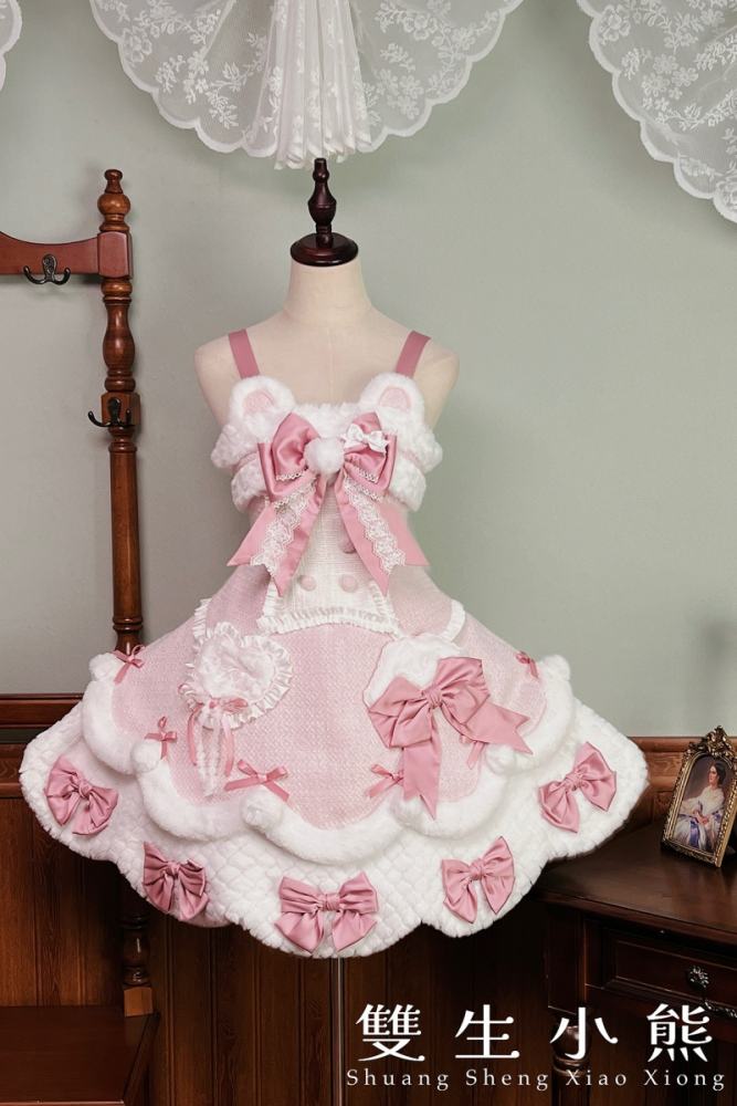 Official Alice Girl ～Frosting Bunny～ Winter Lolita JSK in Pink and White with plush trim and heart embroidery - my-lolita-dress.com
