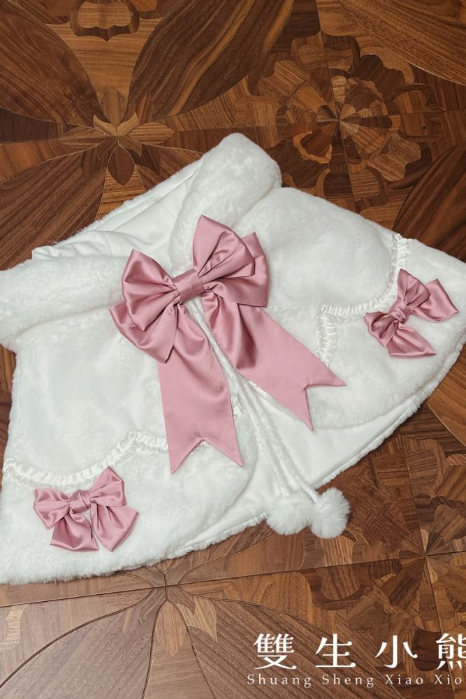Official Alice Girl ～Frosting Bunny～ Winter Cape at White Color with Pink Bows - my-lolita-dress.com