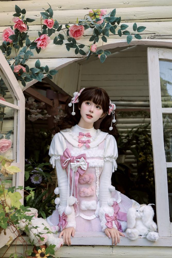 Official Alice Girl ～Frosting Bunny～ Sweet Lolita Blouse beige color with pink bows - www.my-lolita-dress.com
