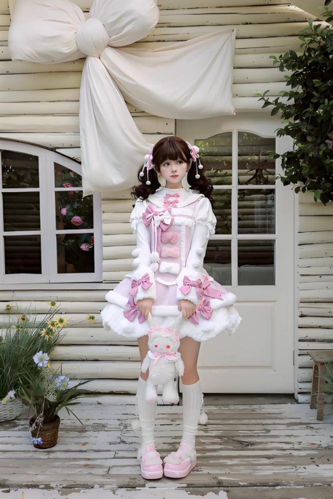 Official Alice Girl ～Frosting Bunny～ Winter Lolita JSK in Pink and White with plush trim and heart embroidery - my-lolita-dress.com