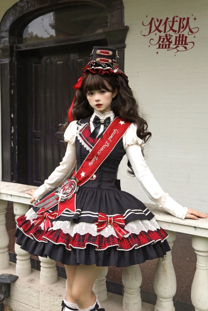 Official Alice Girl ～Honor Guard Celebration～ Military Lolita JSK in Black and Red Plaid with ceremonial sash, gold buttons, and matching mini top hat - my-lolita-dress.com