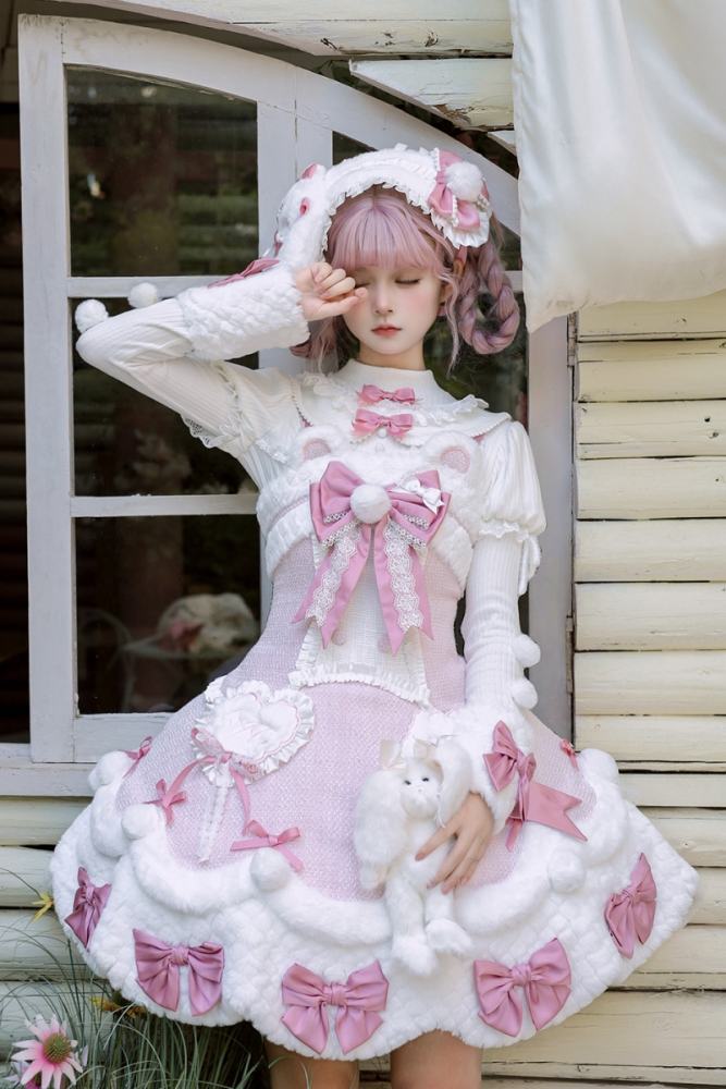Official Alice Girl ～Frosting Bunny～ Winter Lolita JSK in Pink and White with plush trim and heart embroidery - my-lolita-dress.com