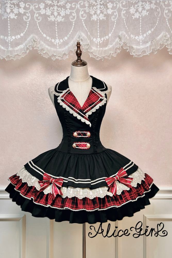 Official Alice Girl ～Honor Guard Celebration～ Military Lolita JSK featuring a tiered red plaid skirt, gold heraldic buttons, and a ceremonial red sash - my-lolita-dress.com