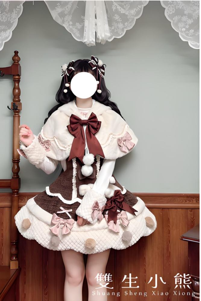 Official Alice Girl ～Frosting Bunny～ Winter Lolita Dress and Cape at White Color with Pink Bows - my-lolita-dress.com
