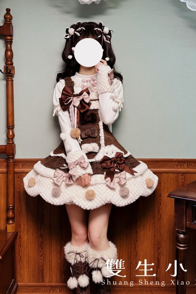 Official Alice Girl ～Frosting Bunny～ Winter Lolita JSK in brown with plush trim and heart embroidery - my-lolita-dress.com
