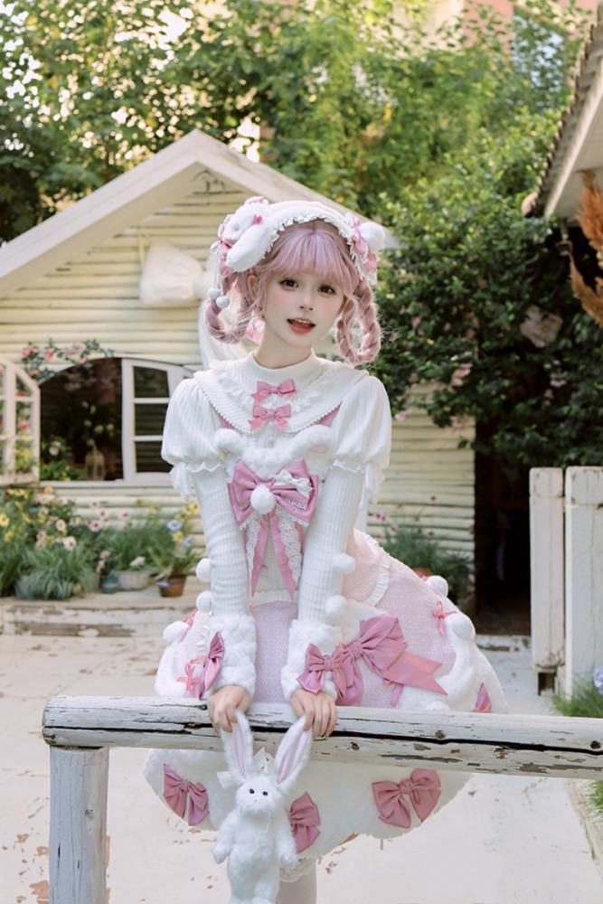 Official Alice Girl ～Frosting Bunny～ Sweet Lolita Blouse beige color with pink bows - www.my-lolita-dress.com