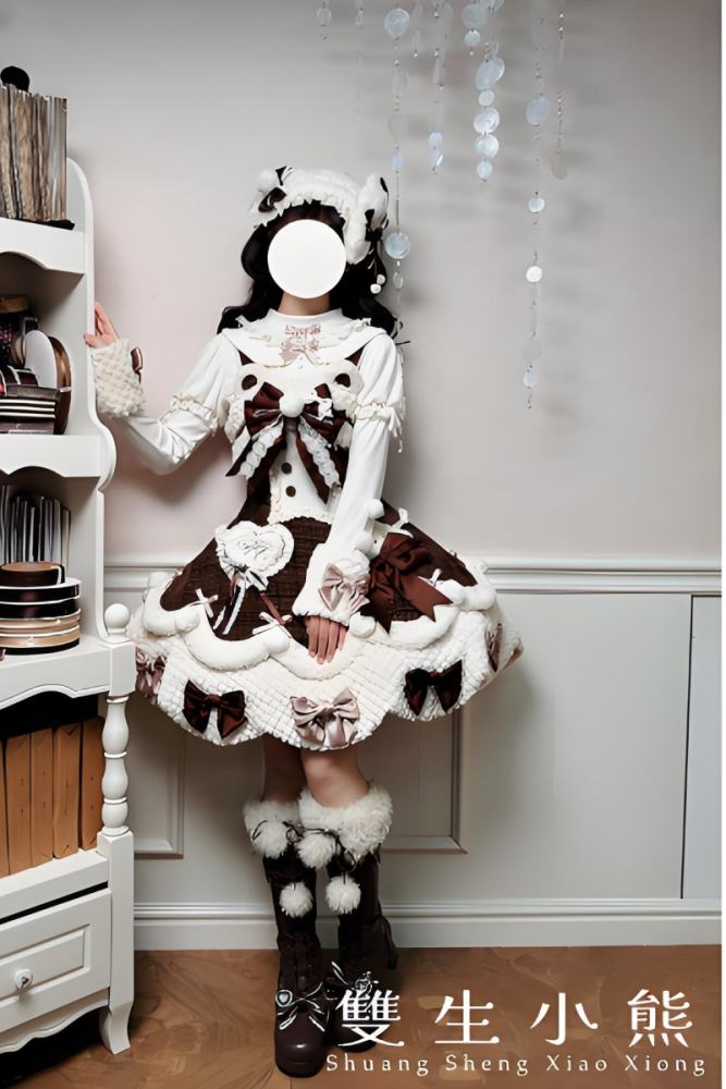 Official Alice Girl ～Frosting Bunny～ Winter Lolita JSK in brown with plush trim and heart embroidery - my-lolita-dress.com