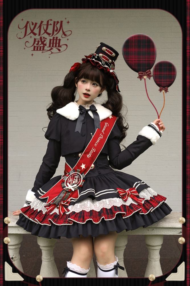 Official Alice Girl ～Honor Guard Celebration～ Military Lolita JSK in Black and Red Plaid with ceremonial sash, gold buttons, and matching mini top hat - my-lolita-dress.com