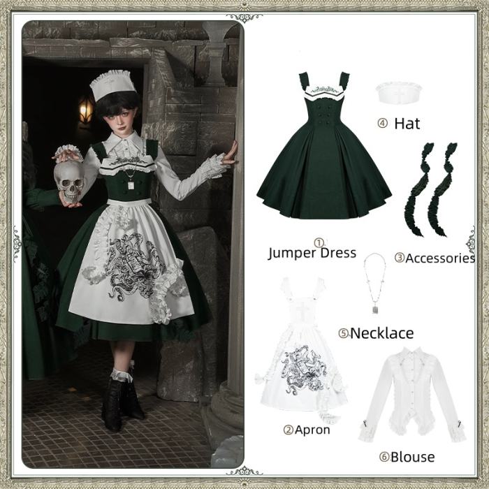Withpuji Abyssal Clinic Gothic Embroidery Green Lolita JSK