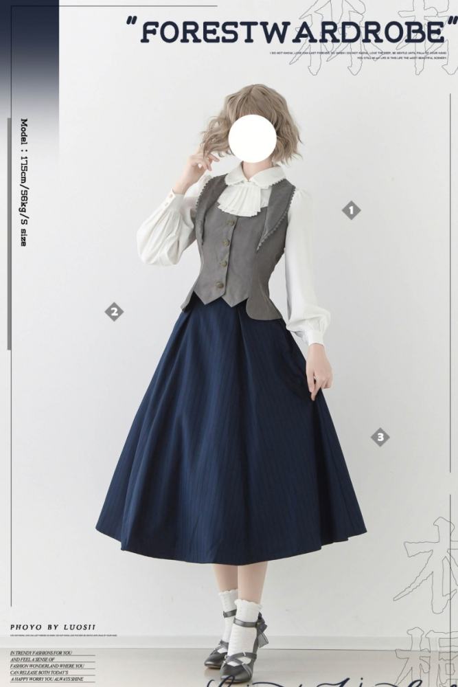 Blue Forest Wardrobe ～The Contract～ Skirt featuring vertical stripes and supportive fish-bone corset waist detailing - my-lolita-dress.com