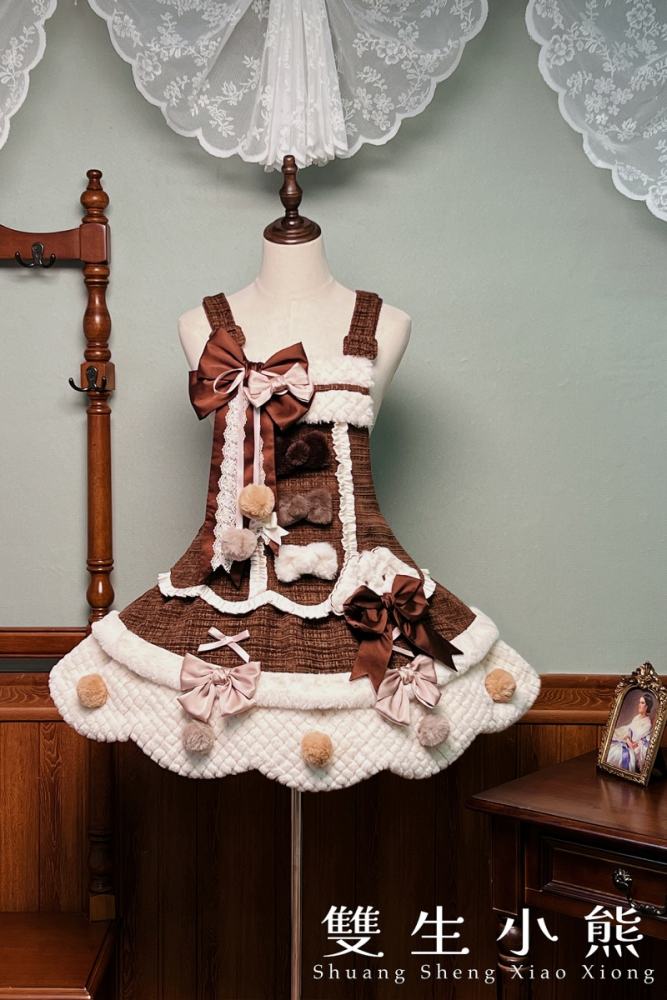 Official Alice Girl ～Frosting Bunny～ Winter Lolita JSK in Brown with plush trim and heart embroidery - my-lolita-dress.com